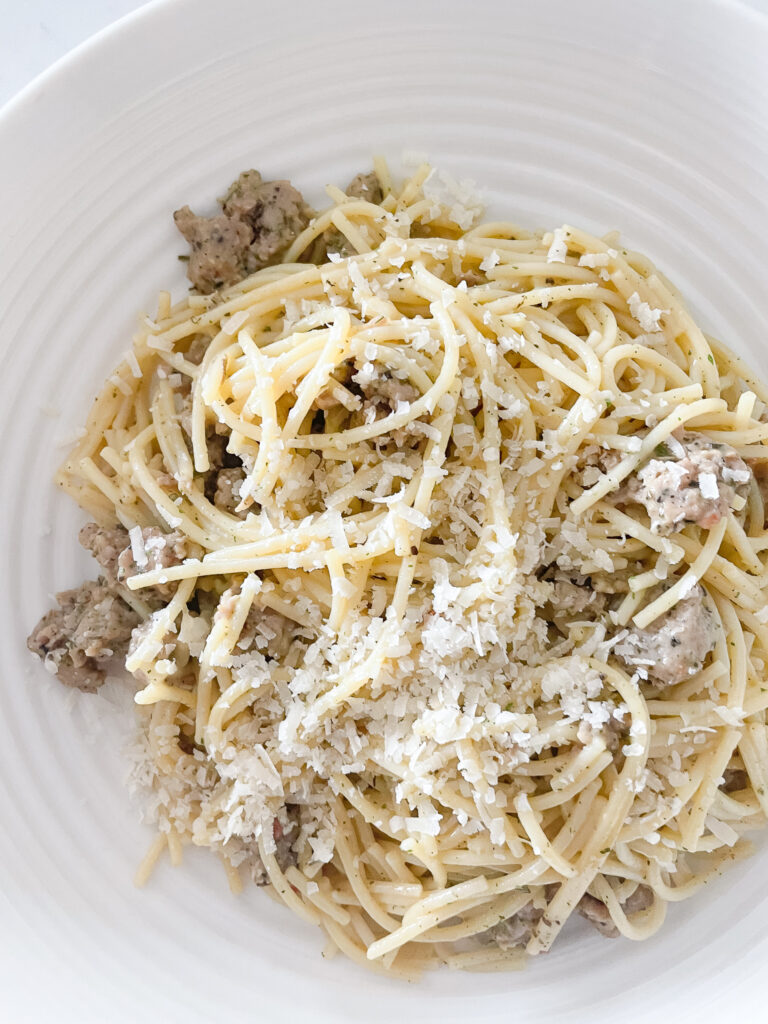 sausage carbonara in a bowl