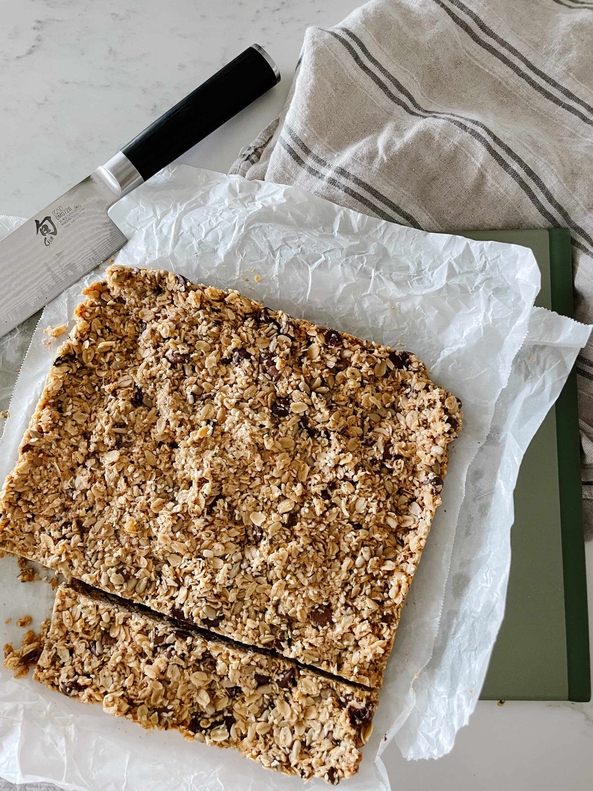 Delicious nut and seed bars fresh out of the baking pan - fittingly called birdie bars