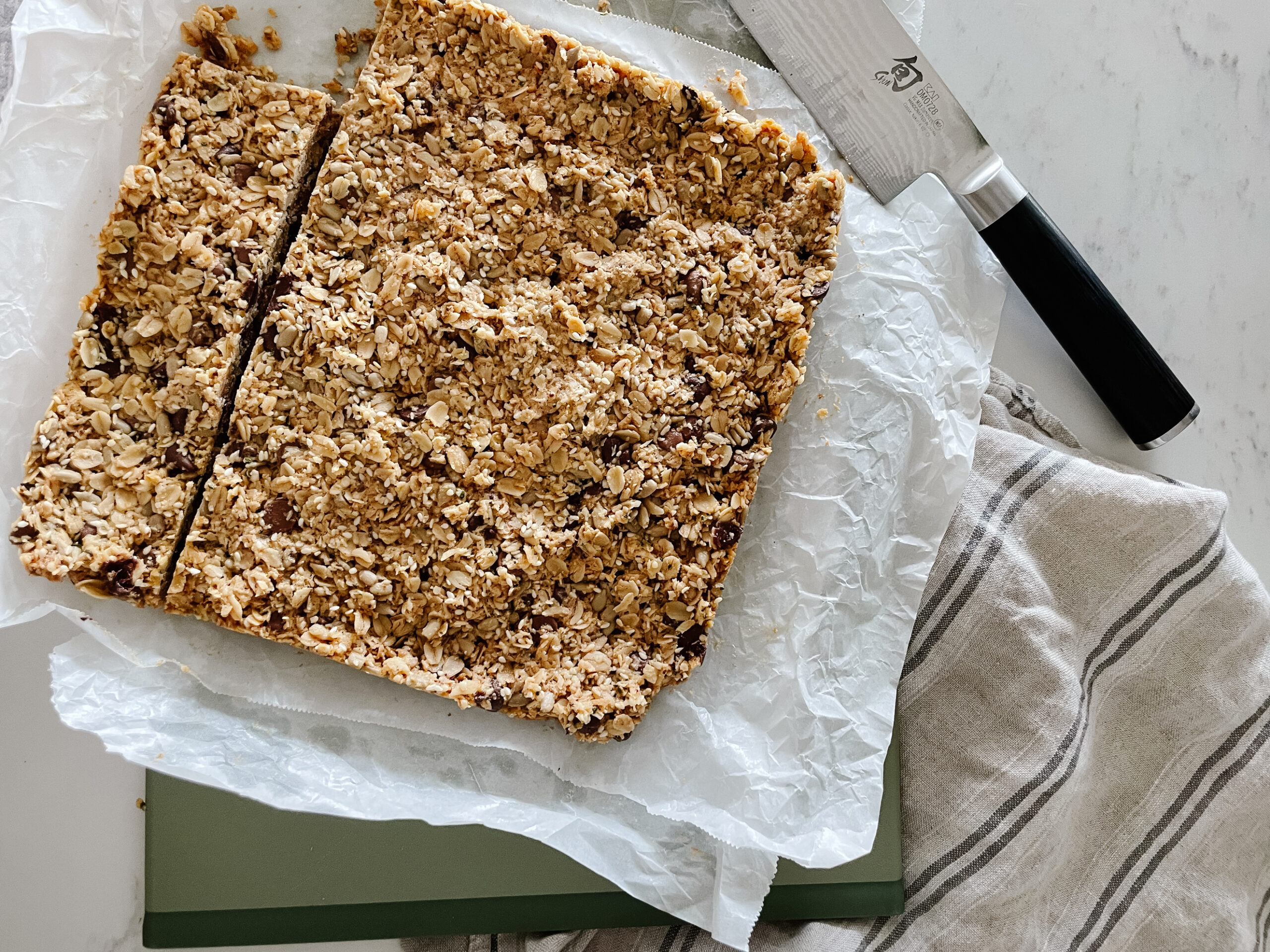 Delicious nut and seed bars fresh out of the baking pan - fittingly called birdie bars