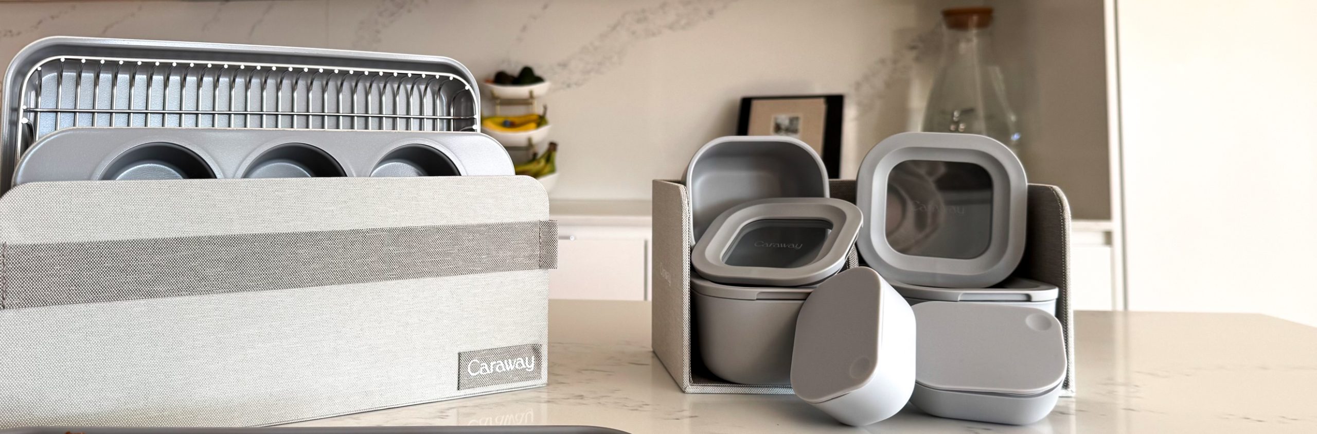 The Launch of Caraways Mini's - both the mini baking sheet and the mini containers pictured on a container