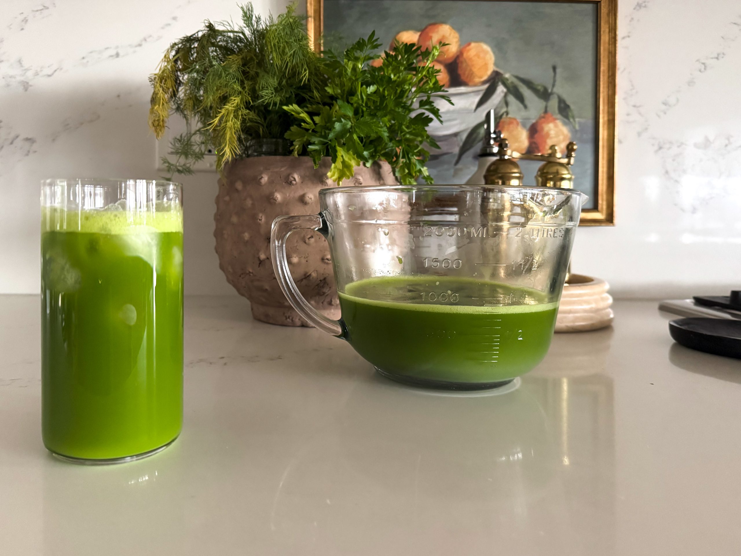 a delicious looking green juice in a glass and a measuring cup in front of a plant and picture