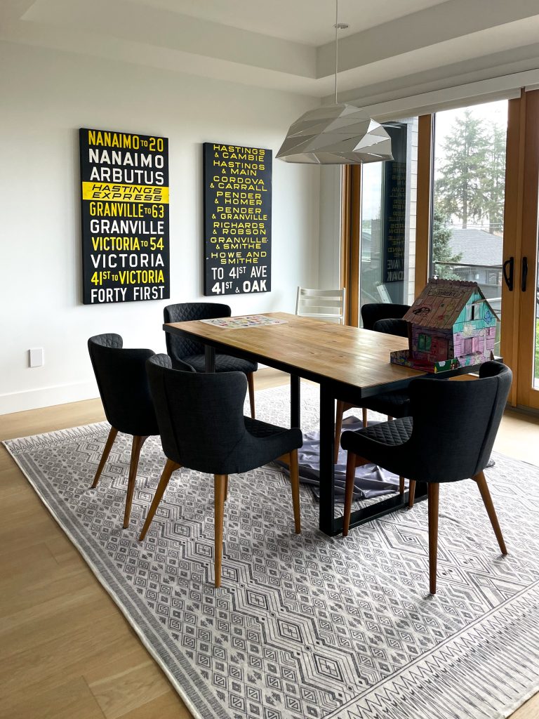 teaching you how to make a dining room look bigger - but this one looks smaller with two pieces of art on the walls