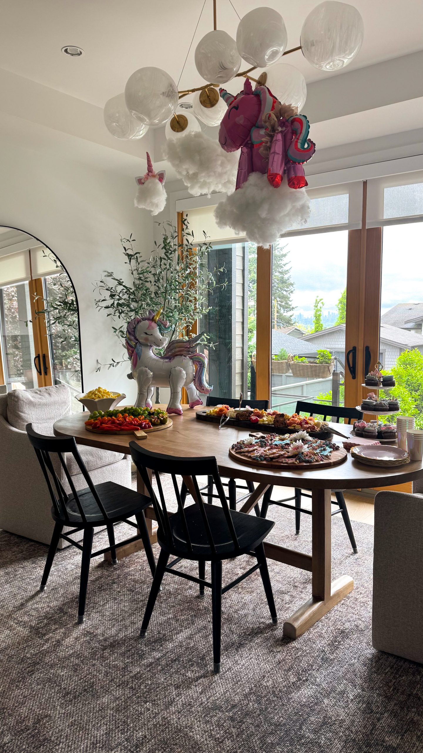 food in the dining room at the unicorn ballerina birthday
